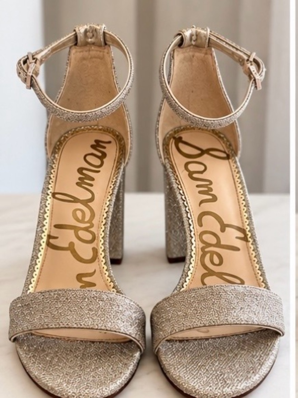 Sam Edelman Champagne Metallic Ankle-Strap Block Heels